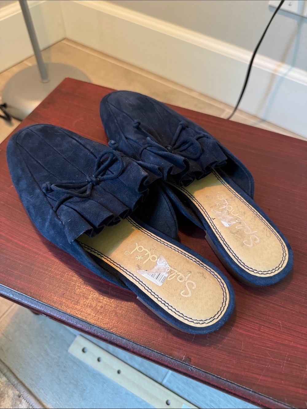 Women’s Navy Suede Slip-On Loafers with Bow Detail - Picture 3 of 4